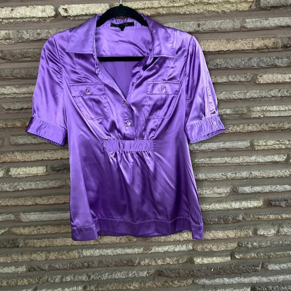 BCBGMaxAzria Purple 100% Silk Short Sleeve Blouse Size Medium - Picture 8 of 9